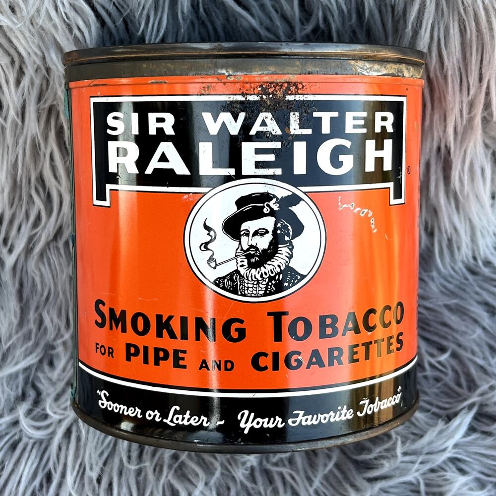 Vintage Sir Walter Raleigh Smoking Tobacco Round Tin Can & Lid Orange